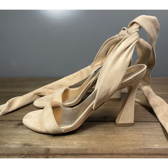 Nine West Women's Kelsie Ankle Wrap Heeled Sandals Size 6 Beige Faux Suede - Picture 6 of 12